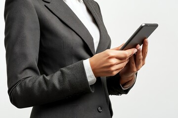 A woman in a business suit holding a tablet