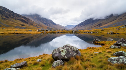 Reflection of mountains and mist on calm highland lake