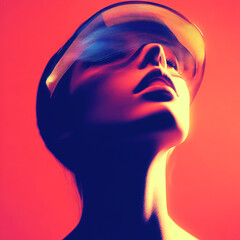 A striking profile view of a person wearing a neon visor, vibrant colors reflecting futuristic and surreal style.