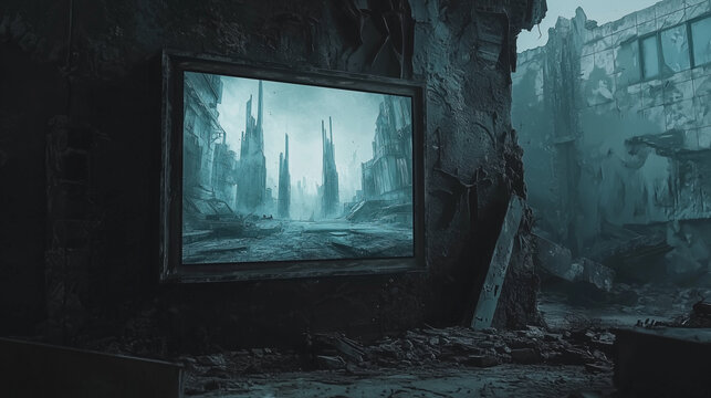 Post-apocalyptic urban ruins with a large futuristic framed digital artwork on a crumbling wall