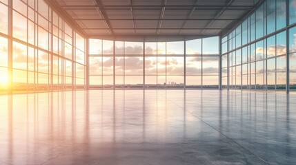 Expansive Glass Atrium With Serene Lake and Sunset Views