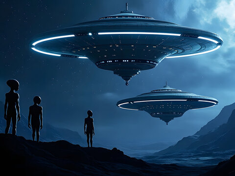 Alien beings observe UFOs hovering over a dark alien landscape under a starry sky at night