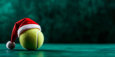 Tennis ball with a Christmas hat on a green background, a minimalistic concept for a New Year and Christmas sports advertising copy space banner mockup stock photo. Includes space for text