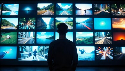 young man standing in front of the wall made of tv screens with different videos playing