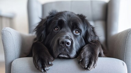A black dog resting its head on the arm of a gray chair, looking thoughtfully.