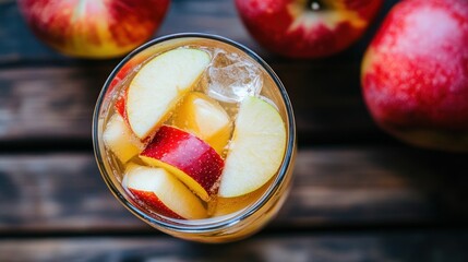 A refreshing drink with apple slices and ice, surrounded by fresh apples.