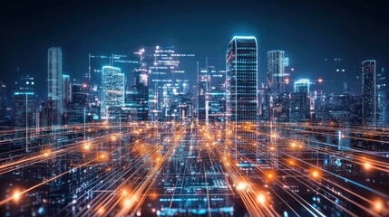 Obraz premium Digital holographic metropolis with transparent walkways, glowing light trails, skyscrapers with AI-integrated panels, digital city signage, utopian futuristic city