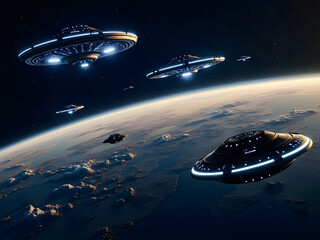 Obraz premium Mysterious spacecraft engaged in interstellar exploration above Earth in a distant future setting