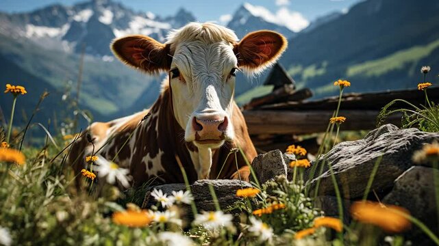  video of spotted cow lying in grass among alpine meadows, livestock, farm, milk production, domestic animal, nature, farming, mountains