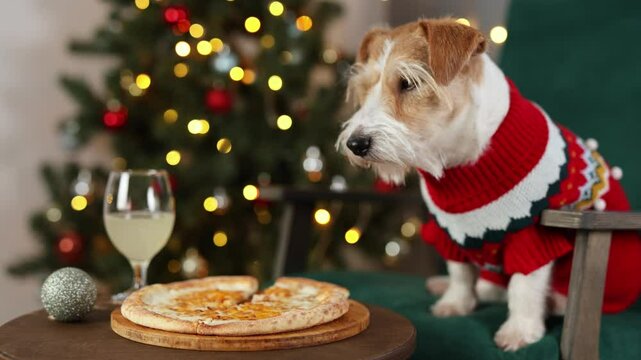 Dog eats cheese pizza. Christmas tree decorated with balls and flashing lights garland. Pet sits on green chair. Cheese pizza on wooden table. Christmas concept