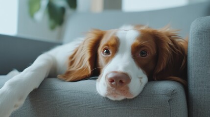 A relaxed dog resting on a gray couch, showcasing a calm and cozy atmosphere.