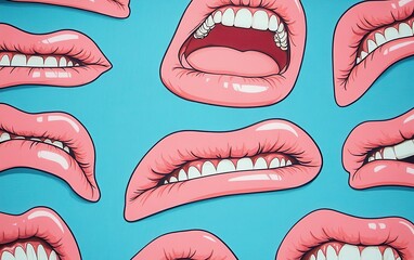 A playful seamless pattern featuring pastel pink lips and teeth with diverse expressions, from soft smiles to wide laughs, and slightly parted lips, set against a vibrant blue background. 