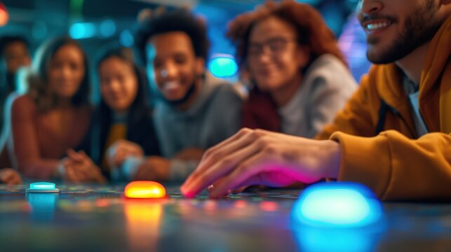 Close-up of a person's hand tapping a buzzer during a trivia challenge, with blurred group of players in the background. Games, competitions, teamwork, education, entertainment,Trivia Day