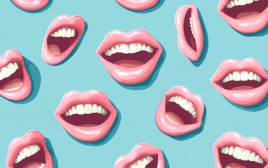 Obraz premium A seamless pattern with pastel pink lips and teeth in various expressions, from smiling to laughing, with an inviting and playful feel. 
