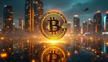 Bitcoin City: A futuristic cityscape illuminated by the golden glow of a gleaming Bitcoin, symbolizing the rise of cryptocurrency and the future of finance. 