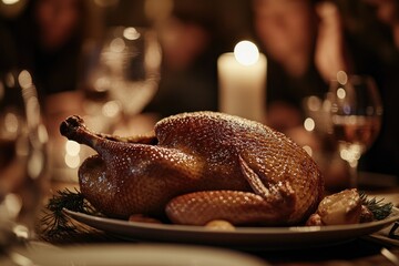 A beautifully roasted turkey on a festive table, surrounded by soft candlelight.