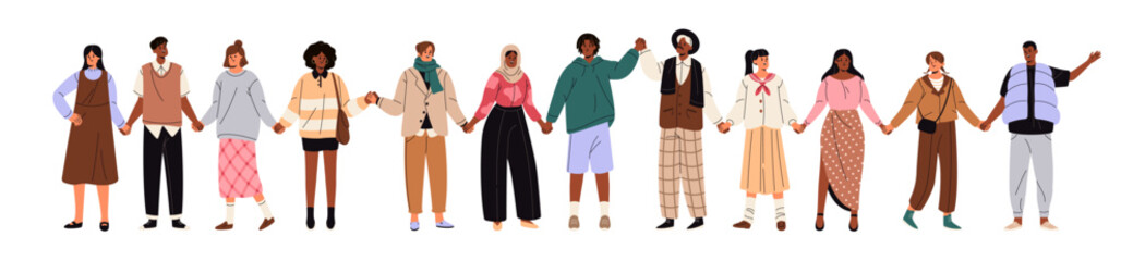 Obraz premium Concept of multiethnic society, international community. Happy group, team holds hands together. Diverse people, world unity standing in chain. Flat isolated vector illustration on white background