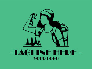 Smiling backpacker holds camera. smiling backpacker holds camera while people hike in scenic location. Suitable for travel blogs, adventure websites, tourism promotion