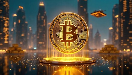 Bitcoin in futuristic City: A large golden Bitcoin cryptocurrency coin hovers above a futuristic city at night, showcasing technological advancement and financial innovation.