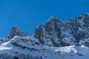 Obraz premium Snowy peaks and glaciers cover giant rocks. Pine and spruce forests grow at foot of mountains. which Majestic mountains against blue sky. Sunny day. Autumn 2024. Karachay-Cherkessia. Dombay.