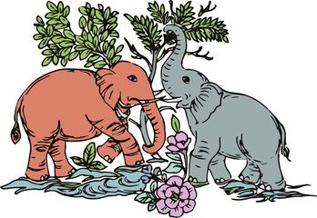 Vector illustration of cute elephants. Icon, animal. Elephant set of different variations illustration. Cute elephant cartoon on white background.