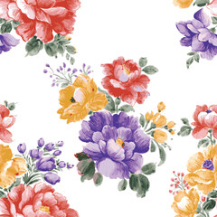 vintage watercolor peonies bunch pattern on white background. botanical flowers vector illustration. watercolor flower bunch. design for wallpaper, fabric, fashion print, allover.