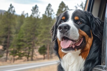 A happy dog enjoying a car ride with its head out the window amidst a forest backdrop.