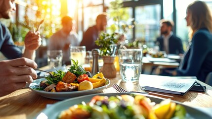 A business lunch blending strategy discussions and professional networking, showcasing modern work dynamics.