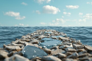 Polluted waves morph into shattered glass, deep blue background, water safety concept