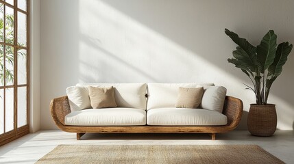 Fototapeta premium Modern Scandinavian living room with bright natural light and minimalist decor elements