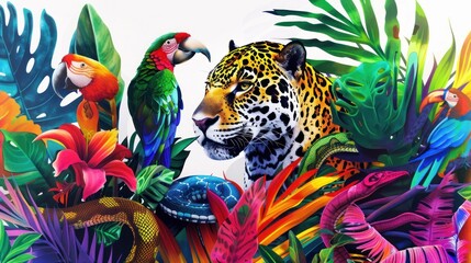 Obraz premium A colorful display of jungle animals, featuring a jaguar, parrot, and snake, vibrant and dynamic on a white background,