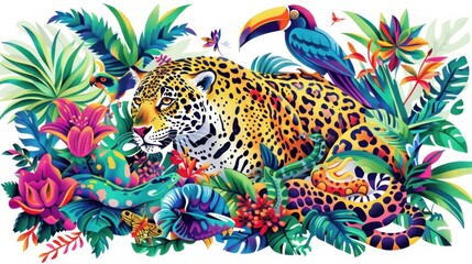 Naklejka premium A colorful display of jungle animals, featuring a jaguar, parrot, and snake, vibrant and dynamic on a white background,