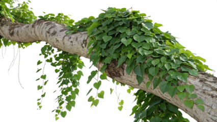 Messy jungle vines liana plant climbing hanging on jungle tree trunk and twisted around tree branch, isolated on transparent background.