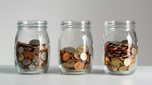 A concept of saving for the future, with coins being dropped into a labeled jar on a white surface,