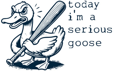 Goose holding a baseball bat, Serious Goose. Festive Artwork. Cartoon Funny. Retro Meme Vintage.