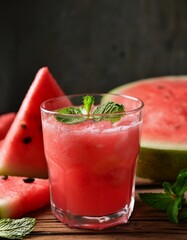 Generated image Tasty watermelon drink in glass, mint and fresh fruits on wooden table, closeup 