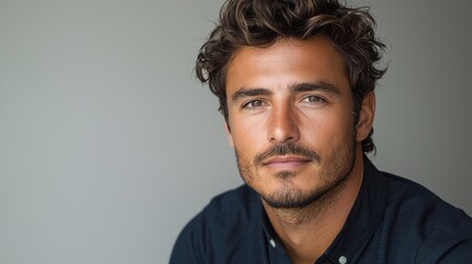 Fototapeta premium Professional studio portrait of a confident man with wavy hair and intense expression