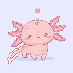 Cute Axolotl. Little cartoon pink kawaii character. Vector illustration. Kids collection. Can be used for t-shirt print, sticker, greeting card design