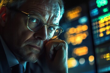 Pensive Businessman Analyzing Stock Market Data on Multiple Screens in Dimly Lit Office Environment