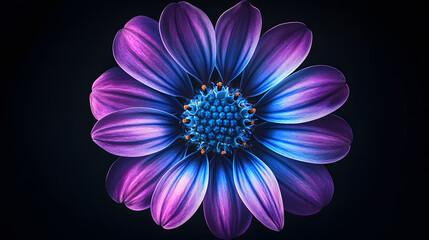 Vibrant purple and blue flower with intricate petal details captured against a dark background