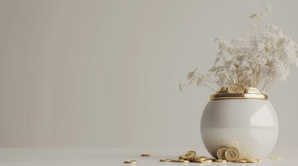A dynamic money box with coins spilling out, symbolizing abundance, displayed on a clean white background,