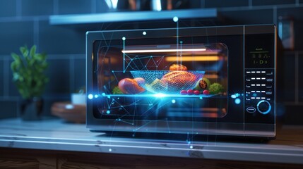 Obraz premium A futuristic microwave oven with a glass door showing a hologram of the food