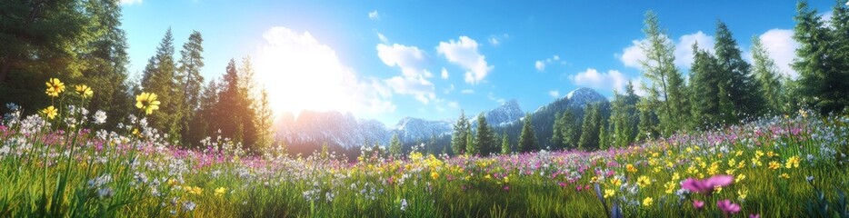 Obraz premium A vibrant landscape filled with colorful flowers and trees under a bright blue sky.