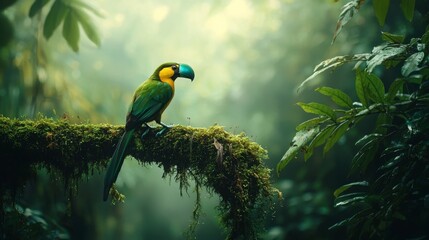 Obraz premium Vibrant Toucanet Perched on Mossy Branch in Forest