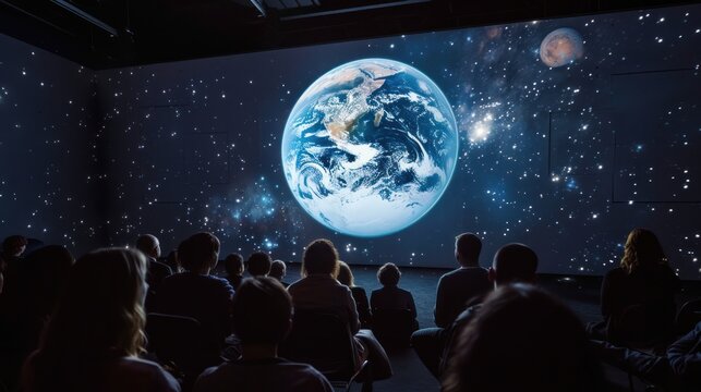 A lecture scene set in space, with Earth visible through a glass dome - Powered by Adobe