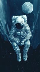 Vintage astronaut wallpaper depicting a serene scene in shades of grey and space