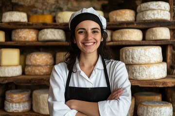 Woman cheesemaker in white uniform smiles in front of cheese shelves in workshop