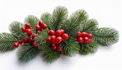 Christmas tree branch pine berries red on isolated white background