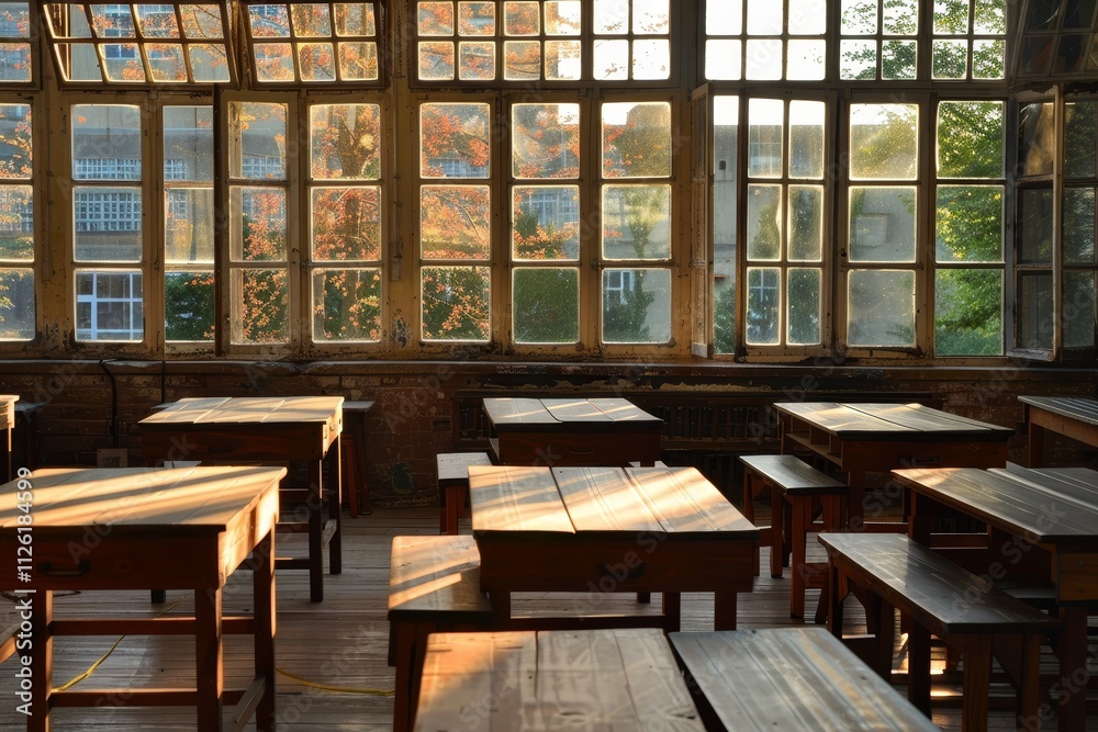 Fototapete soft sunlight filters through tall windows, casting warm light across vacant desks in a tranquil cla