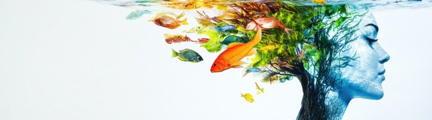A surreal depiction of a woman's profile merging with a vibrant underwater ecosystem.
